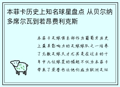 本菲卡历史上知名球星盘点 从贝尔纳多席尔瓦到若昂费利克斯